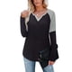 thumbnail image 2 of Camisa de mujer con cuello en V Color de contraste Camiseta interior de manga larga Poliéster para Otoño Invierno, 2 of 6