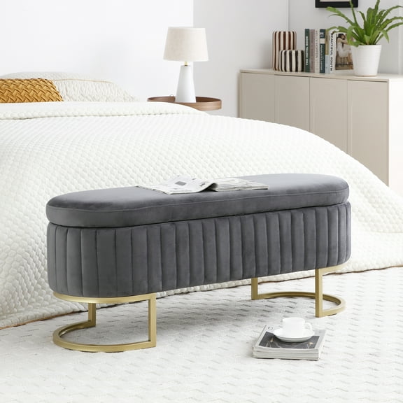 Storage Bench Bedroom Bench, Velvet Oval Upholstered End of Bed Bench with Golden Metal Legs,50"Modern Storage Ottoman Bench for Bedroom, Living Room,Entryway,Window, Grey