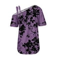 thumbnail image 5 of Off the Shoulder Tops for Women Summer Trendy Cross One Shoulder Floral Short Sleeve Shirts Casual Tunic Blouses (M, Purple), 5 of 5