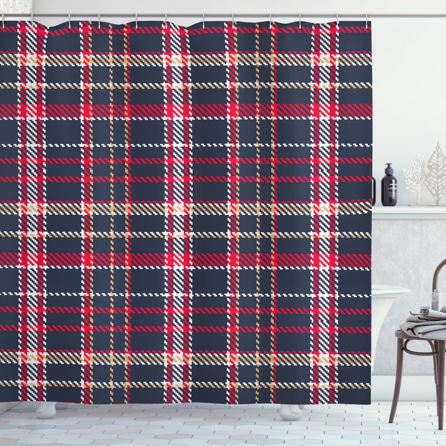 Red Plaid Shower Curtain, Classic Quilt Checkerboard Pattern with Pixel