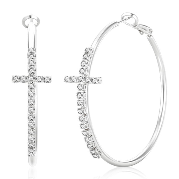 YOUNGYUE Silver Plated Cubic Zirconia Cross Hoop Earrings for Women, 30/40/50/60mm