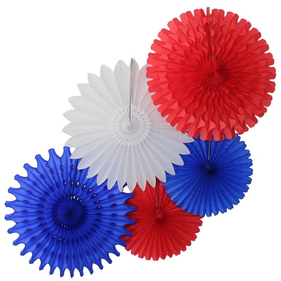 Devra Party Patriotic Red, White, and Blue Large Tissue Paper Fan Decorations, 13 and 18 Inches (5 Piece)