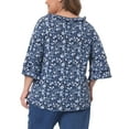 thumbnail image 3 of Agnes Orinda Women's Plus Size Floral Print V Neck Tiered Ruffle Bell Sleeve Blouse 1X Navy Blue, 3 of 6