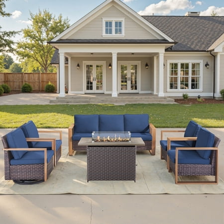 Unnifurnzi 6 Pieces Outdoor Furniture Set with Fire Pit Table-High Back Outdoor Swivel Chairs Set of 2 with Outdoor Sofa Outdoor Furniture for Garden Backyard Balcony Poolside-Brown/Blue