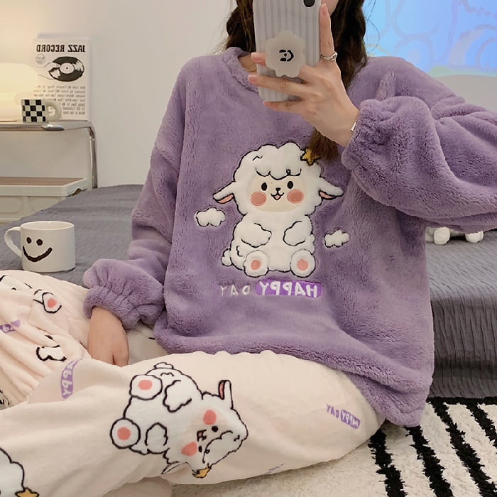 PIKADINGNIS Autumn Winter New Warm Flannel Womens Pajamas Set Long-sleeved  Trousers Two-piece Set Cute Soft Home Wear Clothes for Women 