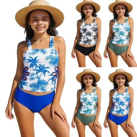 Babcutegg Kid Girls Swim Suit Beach Wear Collor Blocked Casual Fashion 2PC Swim Clothes for Girls Black Size 6-7