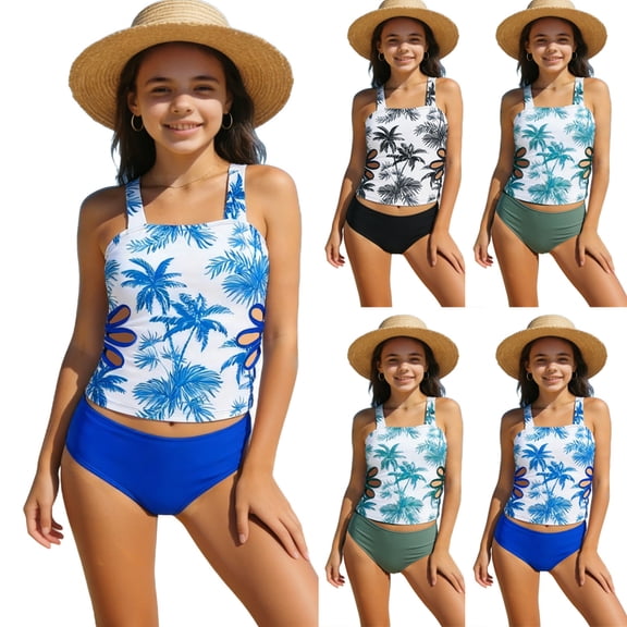 NAISIBABY Girls Swimsuit 2-Piece (4-13T), Floral Hollow Out Tankini Tops and Swim Bottoms Kids Summer Beach Bathing Suit 8T