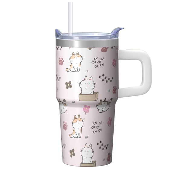 20oz Tabby Cat Tumbler with Handle Insulated Travel Mug Cool Birthday Christmas Gift for Cat Lovers Women Cup Holder Friendly Wide Mouth for Ice Hot Tea Cold Water On the Go Trips