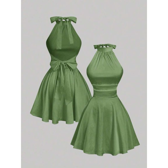 Green Halter Mini Dress With Bow Detail, Fit & Flare Silhouette, Backless Twist Design