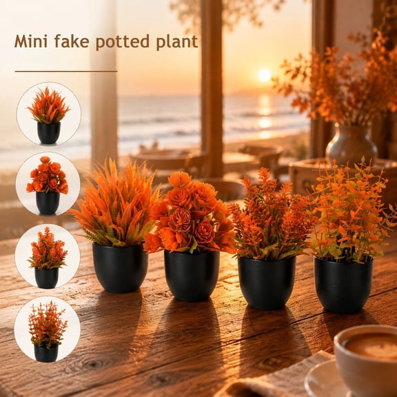 mdesiwst Simulated Small Potted Plant, Maintenance-Free, Realistic Autumn Leaves Mini Fake Plant, for Bookshelf Desktop Decor