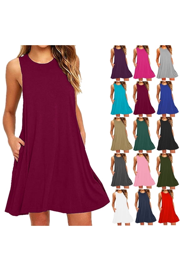 Women's Plus Size 2025 Summer Dresses Fashion Holiday Summer Solid Color Sleeveless Party Beach Dress With Pocket