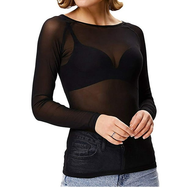 Leutsin Women See-Through Long Sleeve Seamless Arm Shaper Top Mesh Shirt  Blouse