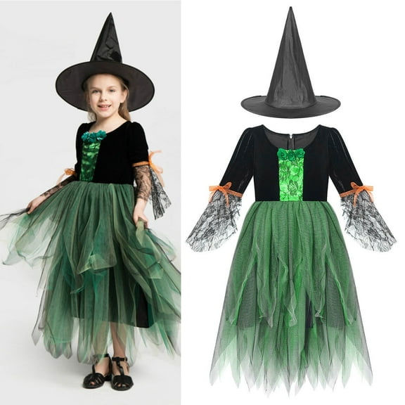 Girls Witch Costume Dress with Hat Set Toddler Halloween Fancy Dress