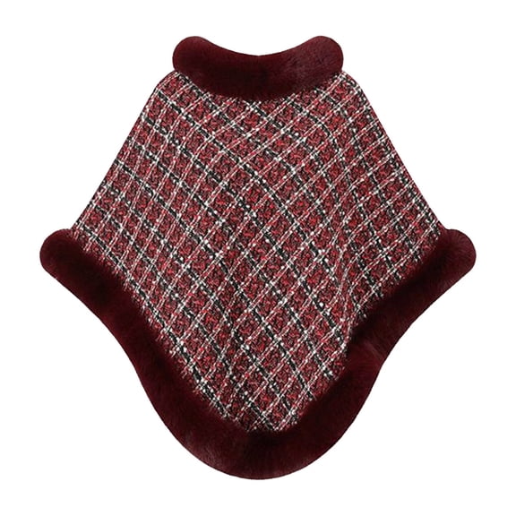 UTSJKR Women Tweed Knit Poncho Cape Faux Fur Trim Mock Neck Pullover Wrap Shawl for Formal Occasion Cold Season Wine