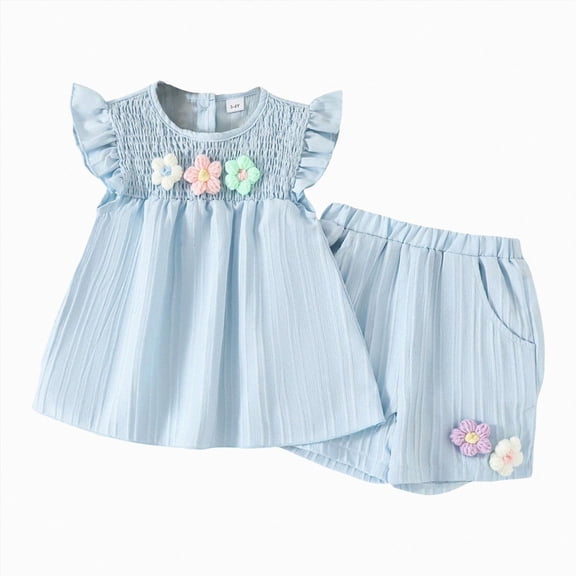 enyan 1T 2T 3T 4T 5T 6T Toddler Baby Girl Summer Clothes Set Short Sleeve T-shirt Tops Floral Bottom Pants Little Kids Outfits 2Pcs Baby Girl Clothes (Blue,12-18 Months)