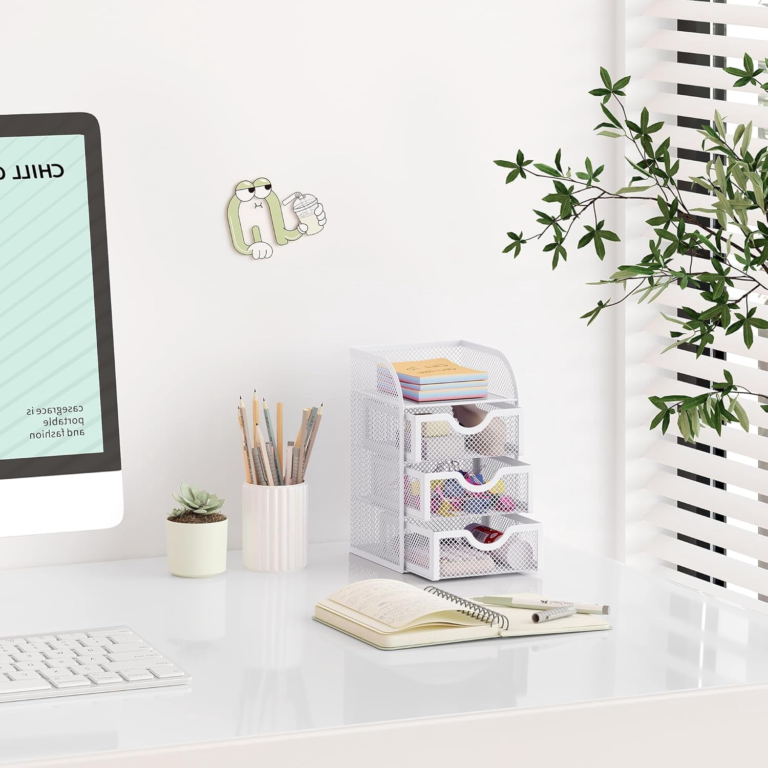 Mesh Desk Organizer with 3 Drawer Office Desktop Organizers and Accessories Stationery Caddy for Office, Home, Students, White