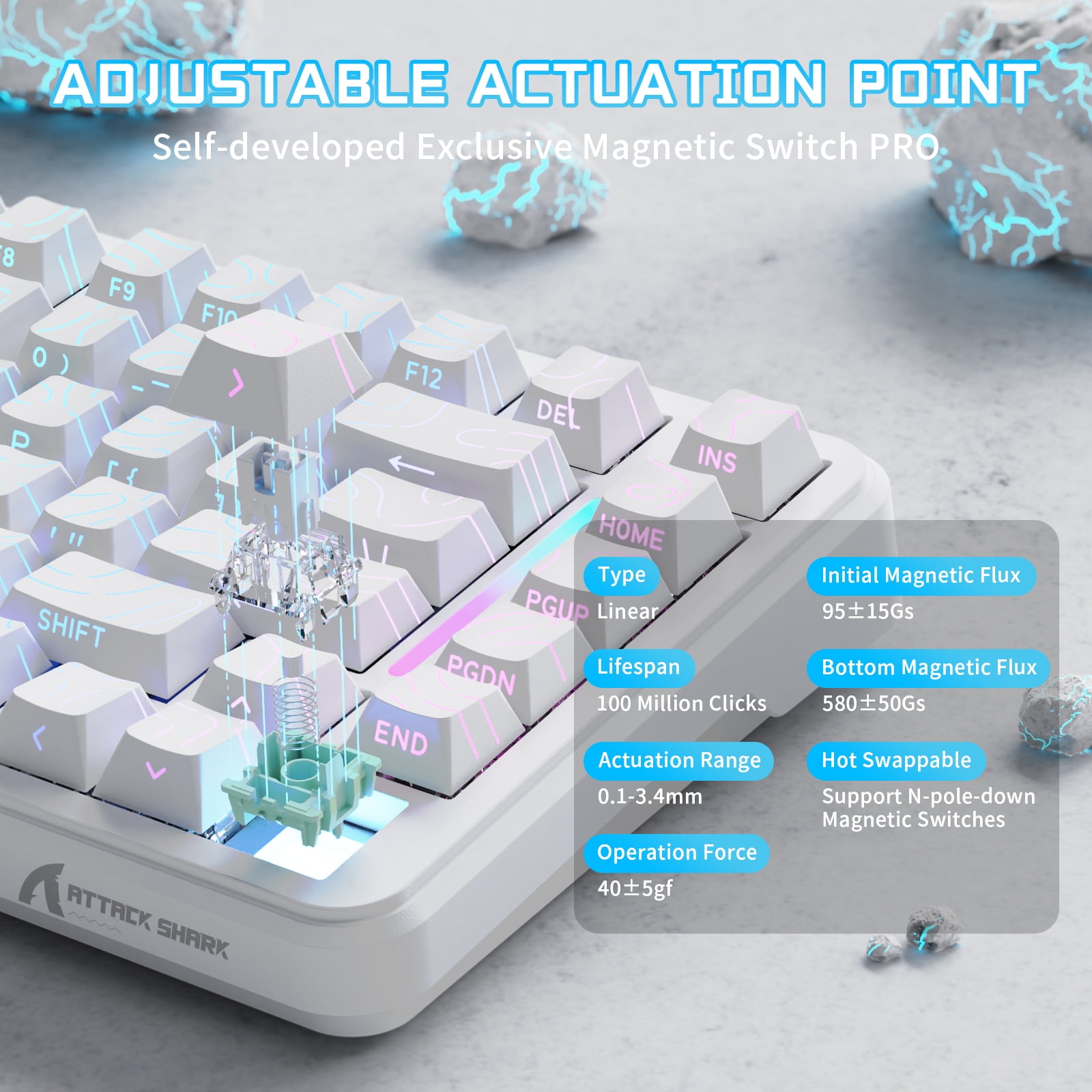 ATTACK SHARK X82PRO HE 75% Wireless Rapid Trigger Magnetic Keyboard, 8K Wired Gaming Keyboard, Hall Effect Switches Adjustable Actuation, QWERTY, RGB Backlit, C01 RGB Coiled Cable -White
