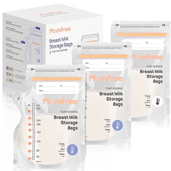 Momfree Sterile Breastmilk Storage Bags, 8 Ounce, Temp-Sensing, Baby Bottle Feeding, 60 Count