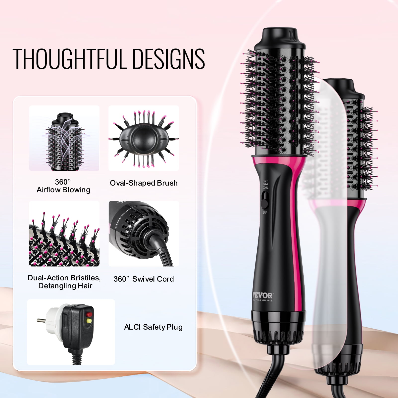 VEVOR Hair Blow Dryer Brush,4 in 1 Ionic Hair Styler and Volumizer with Electroplated Titanium & 2.56" Ceramic Coating Oval Barrel,Dual Voltage 110V/240V Hot Air Styling Brush for Salon Home Travel