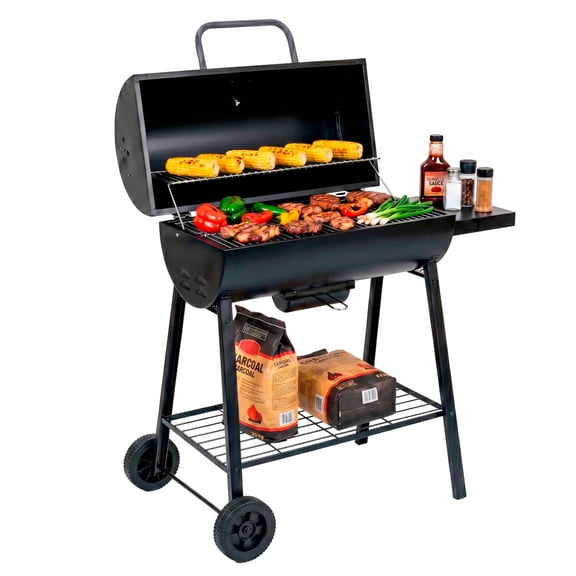 Asador de carbón tipo barril 77 cm con mesa lateral y ruedas transportadoras AVERA ACB77