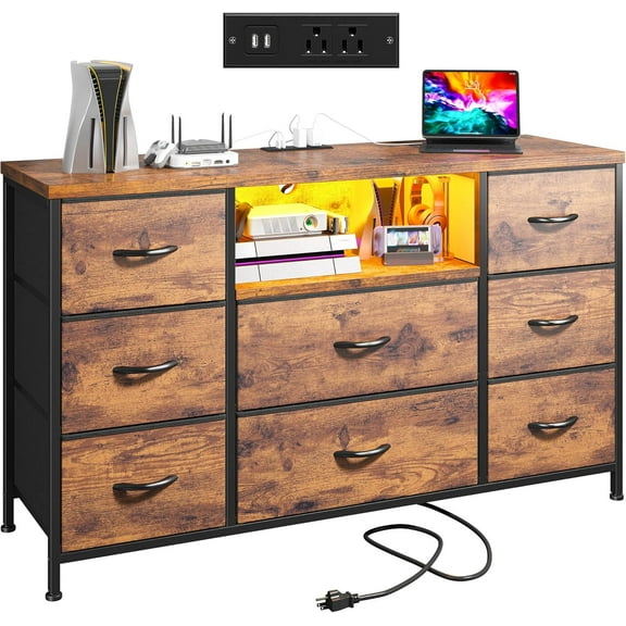 Dresser for Bedroom with 8 Fabric Drawer,TV Stand for 55 inch TV with LED Lights & Power Outlets, Entertainment Center with Chest of Drawers,6 Adjustable Feet,Hallway,Entryway,Closet,Rustic Brown