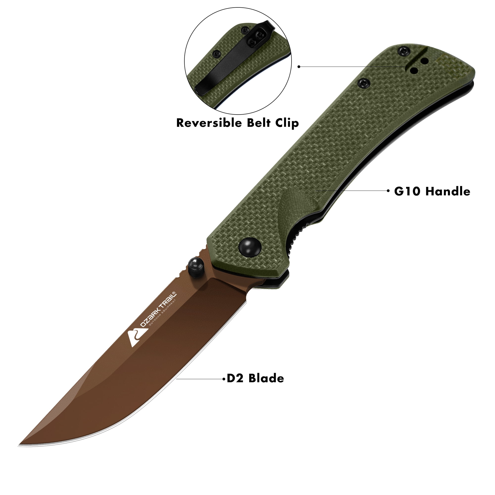 Ozark Trail 7.5 inch Folding Knife with D2 Steel Blade G10 Handle & Reversible Clip