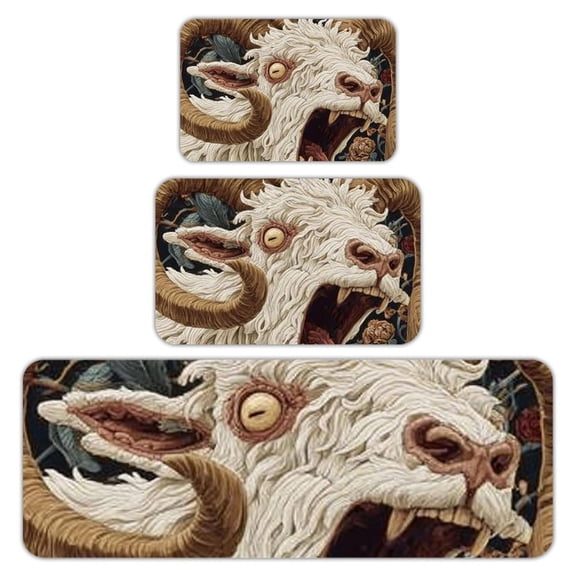 RKSupls Kitchen Rug Set 3 Piece Anti-Slip Flannel Floor Mats, Angry Goat Floral Washable Absorbent Runner Mats for Kitchen Bathroom Home Decor