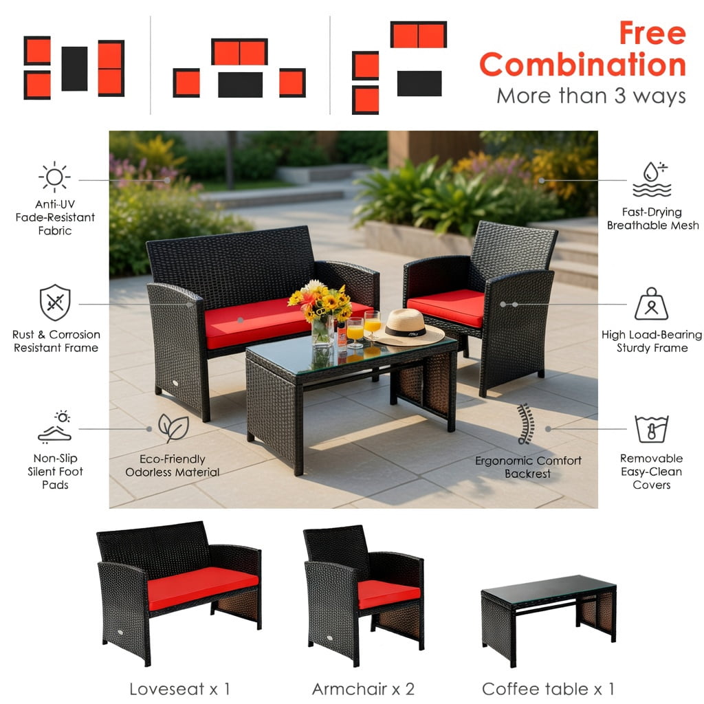 Hommoo 4-Piece Outdoor Rattan Patio Furniture Set with Cushions, Loveseat, 2 Chairs, Tempered Glass Coffee Table, Red