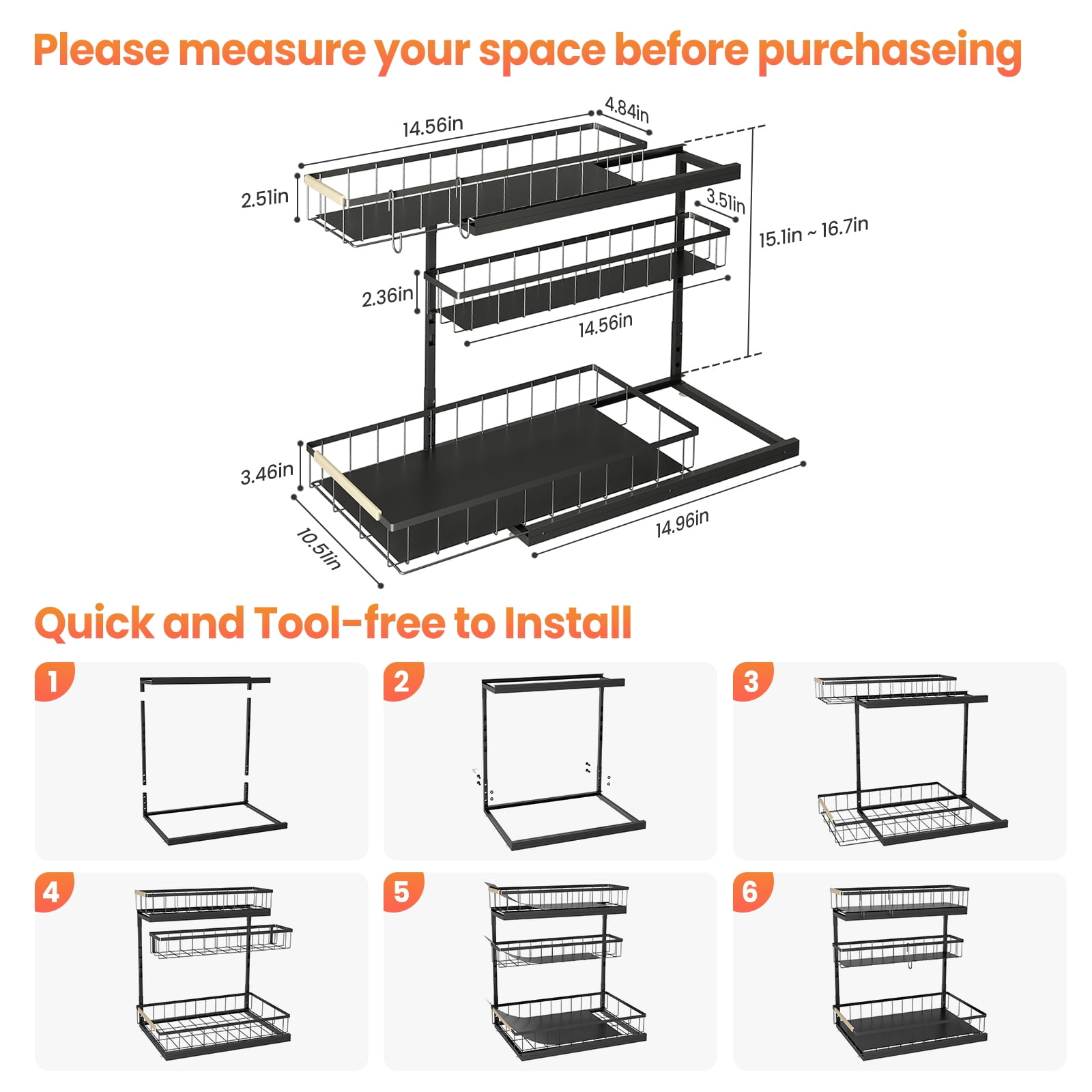 Alow Under Sink Organizer and Storage for Bathroom and Kitchen - 2 Pack Pull Out Under Cabinet Shelf Organizers - 3 Tier Sliding Out Drawer Organization for Home Cabinets Shelves and Drawers