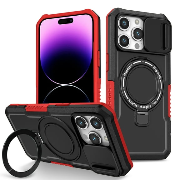 TECH CIRCLE Case for iPhone 14 Pro Max (6.7") - [Sliding Cover for Camera Protection] [Compatible with MagSafe] Shockproof Multifunctional Shell Case with Hidden Kickstand/Phone Ring Holder,Red Black