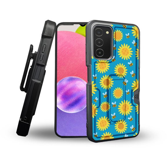 ANJ  Rugged Shockproof Holster Case Card Slot Kickstand   Tempered Glass Cover for Samsung Galaxy A03s - Sunflowers and Bees