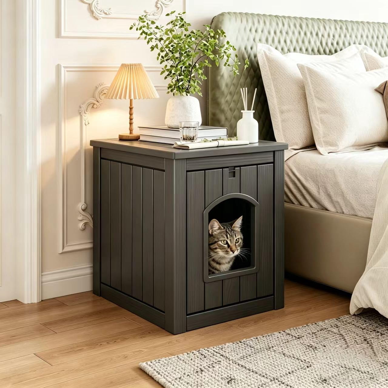 Outdoor Cat House Weatherproof - Premium Resin Cat Shelter for Outdoor/Indoor Cats, Spacious Feral Cat House with Easy Assembly, Stylish Design for Garden, Patio & Backyard，Black