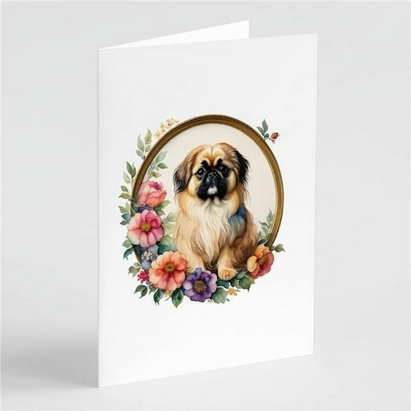 Pekingese and Flowers Greeting Cards and Envelopes Pack of 8 7 in x 5 in