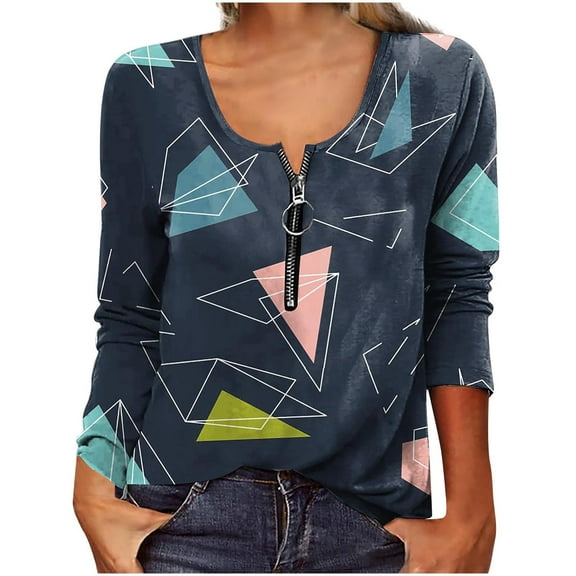 QLEICOM Women Casual Zipper T-shirt Stripe Long Sleeve V-Neck Tops Loose Blouses Shirts Tops Navy 3XL, US Size 14