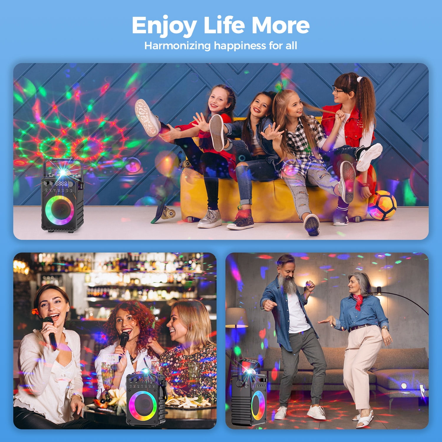 Bonaok Karaoke Machine, Portable Bluetooth Karaoke Speaker with 2 Wireless Microphones, PA System with LED Lights for Home Party