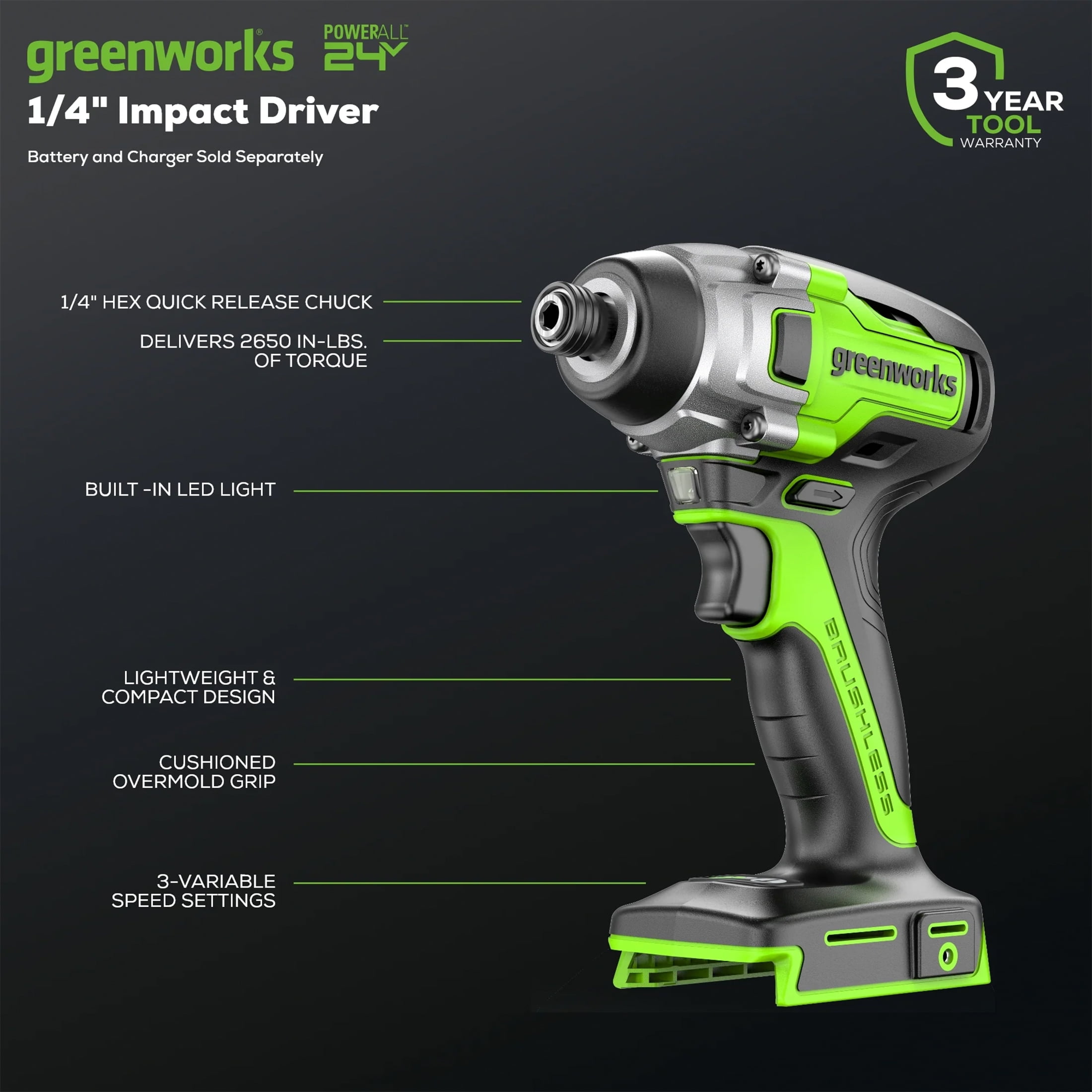 Greenworks 24V Brushless 1/4" Hex Chuck Impact Driver, Battery & Charger Not Included 3703502AZ
