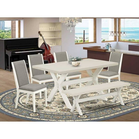 East West Furniture X026LA206-6 6-Piece Beautiful Dinette Set an Outstanding Linen White dining table Top and Linen White Indoor Bench and 4 Stunning Linen Fabric Parson Dining Room Chairs with...