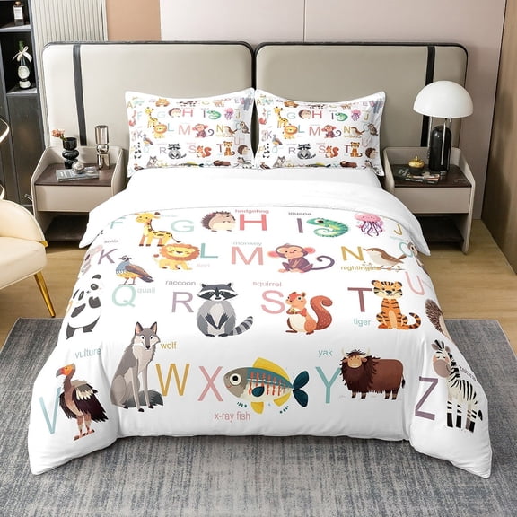 Animal Alphabet Bedding Set Full Size Cartoon Wildlife Zoo 100% Cotton Duvet Cover Cute Monkey Lion Bed Set Tiger Wolf Raccoon Comforter Cover with 2 Pillowcases Soft(No Comforter)