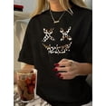 thumbnail image 1 of Women's Retro Chic Leopard Print joyful Face T-Shirt - Casual Round Neck, Short Sleeve, Polyester, Machine Washable - Black, Summer-Ready, Ladies T Shirts, 1 of 6