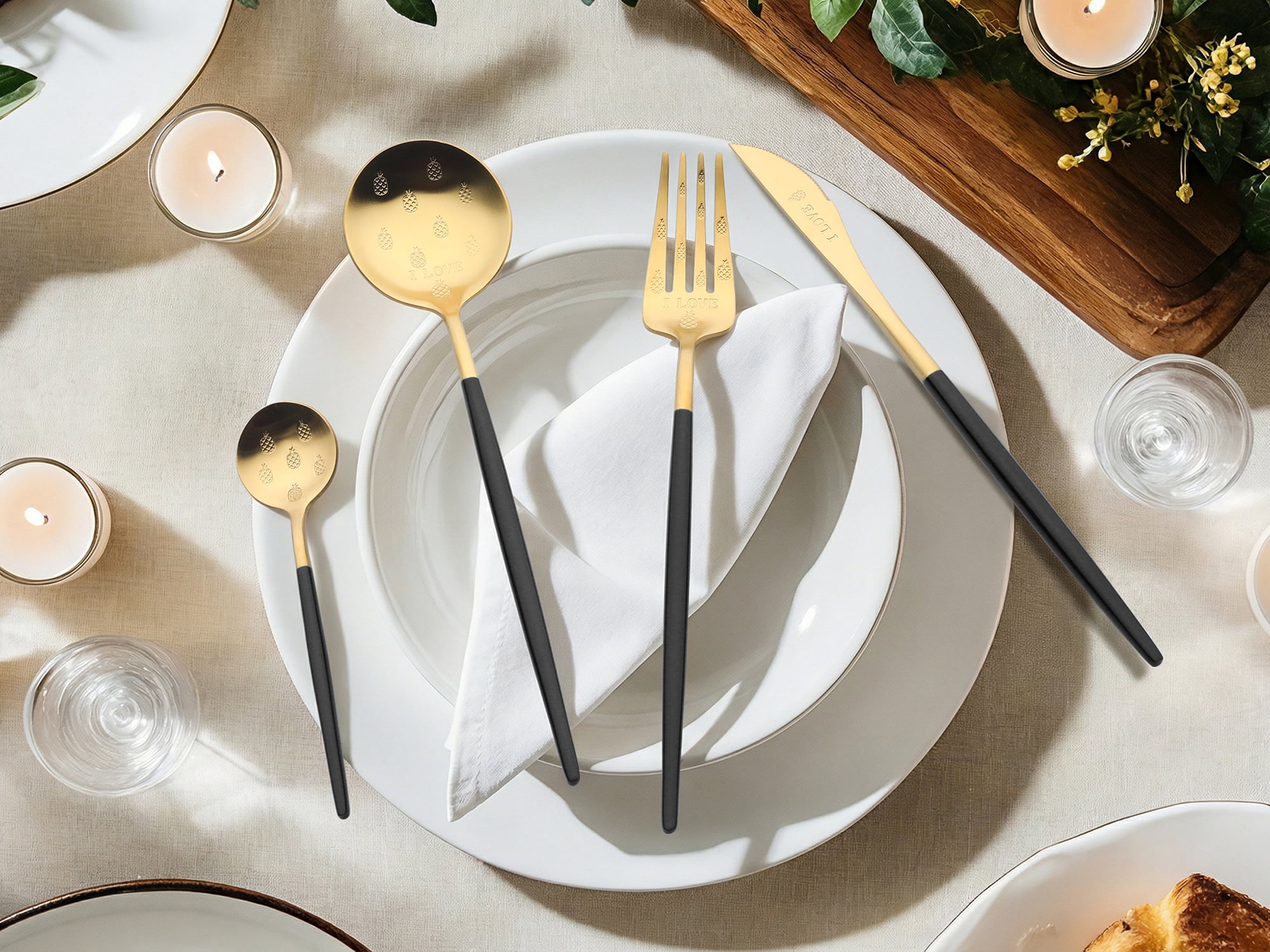 Unique Bargains 4 Piece Silverware Set, Stainless Steel Floral Flatware Set Black 4