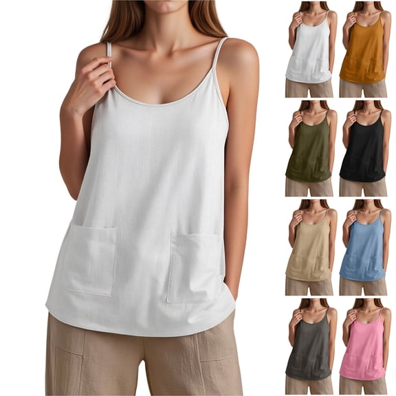 GEWSEY Womens Camisole Tank Tops Dressy Casual Cotton Linen Gauze Cami Shirts Adjustable Spaghetti Straps Tunic with Pockets (Pink, XL)