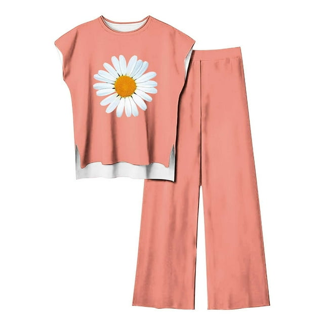Birdeem Blouses pour Femmes Ensemble Décontracté Sans Manches Imprimé Col Rond et Pantalon