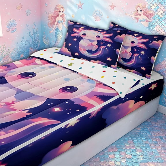 meiyoeat Kawaii Axolotl Zipper Twin Comforter Sets with Fitted Sheet and 2 Pillowcases for Kids Girls, Galaxy Star Cloud Zipper Bedding Set for Bedroom, Pink Blue, Polkadot ReversibleG