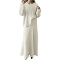 GigrtiJin Knitted Outfits for Women Long Sleeve Crewneck Pullover Sweater and Midi A-Line Skirt Elegant 2 Piece Sets