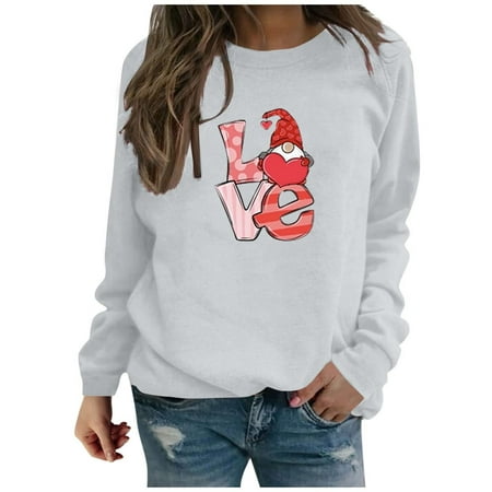 

Womens Long Sleeves Blouse Valentine s Day Fashion Love Printing Solid Pullover Casual Loose Round Neck Ladies Tunics Sweatshirt Top