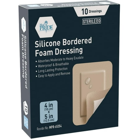 Med Pride Silicone Bordered Foam Bandages for Wounds 4x5 Inch, 10 pack Adhesive Sterile Silicone Foam Dressing