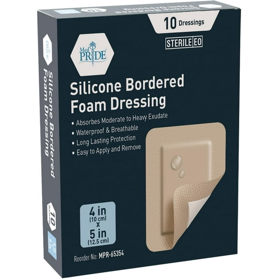 Med Pride Silicone Bordered Foam Bandages for Wounds 4x5 Inch, 10 pack Adhesive Sterile Silicone Foam Dressing