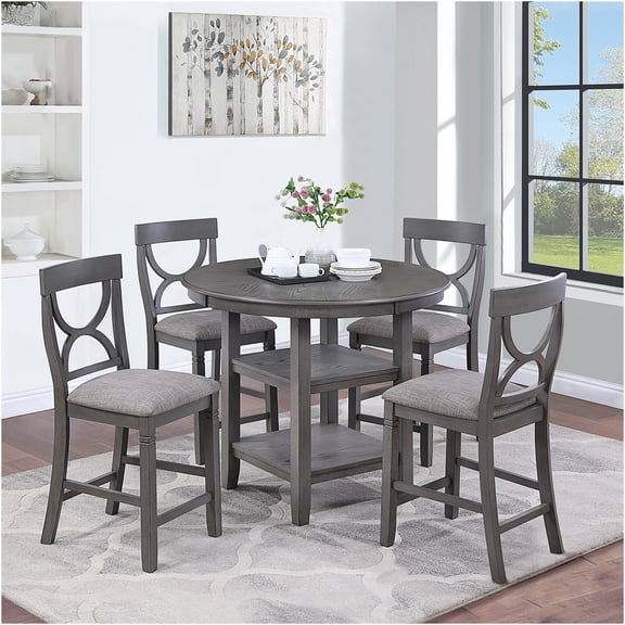 JERFIT 5-Piece Counter Height Dining Set with Storage, Round Table and 4 Curved Back Chairs, Gray