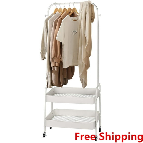 Portable Closet Garment Clothing Rack with 4 wheels, 2 In 1 Coat Rack with 2-Tier Storage Basket and Side Hanging Hooks