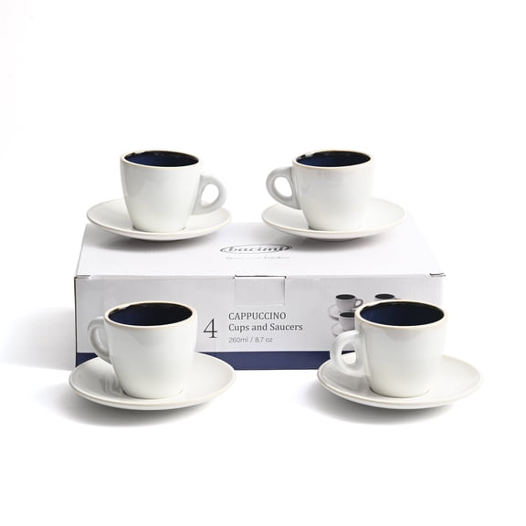 Bacimi Cappuccino Cups and Saucers Set of 4 8.7oz Thick Barista Style Stoneware Cups - Blue Glaze Classic Italian Design - Ceramic Cups For Cappuccino, Latte, Tea Dishwasher & Microwave Safe